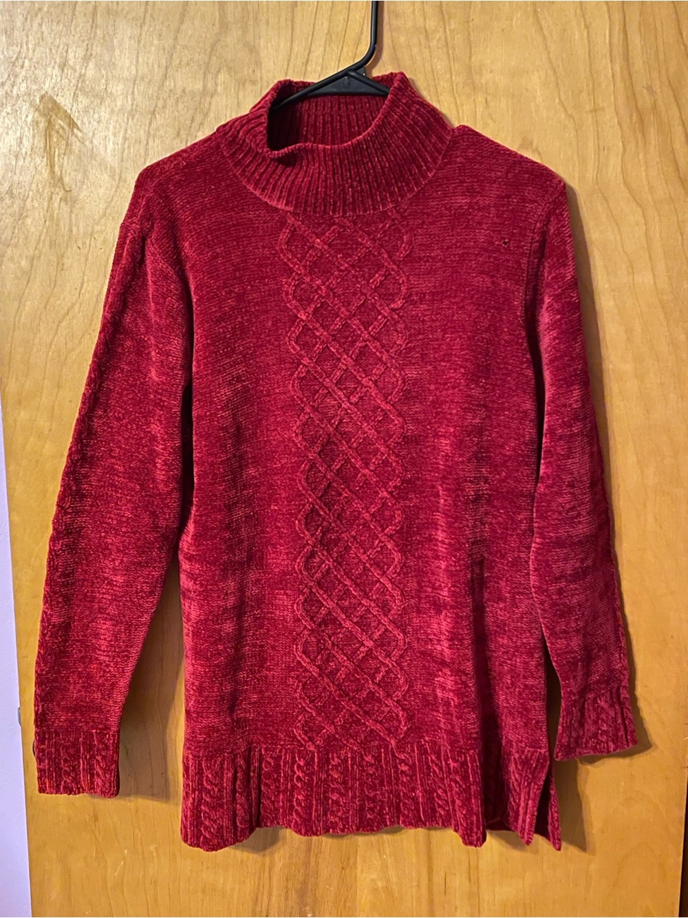 Plush Red Chenille Cable-Front Mock Neck Sweater